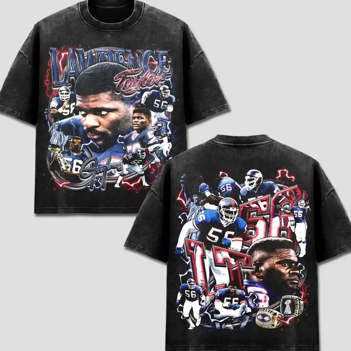 Lawrence Taylor T-Shirt, LT56 Giants Football Tee, L.T. Retro Graphic Sweatshirt, Number 56 Blue Red Style Merch, Vintage Bootleg Rap Style Gear, Acid Washed Apparel, United States Unisex Casual Oversized Heavyweight Outdoor Washed Black Sportwear Top WTQ