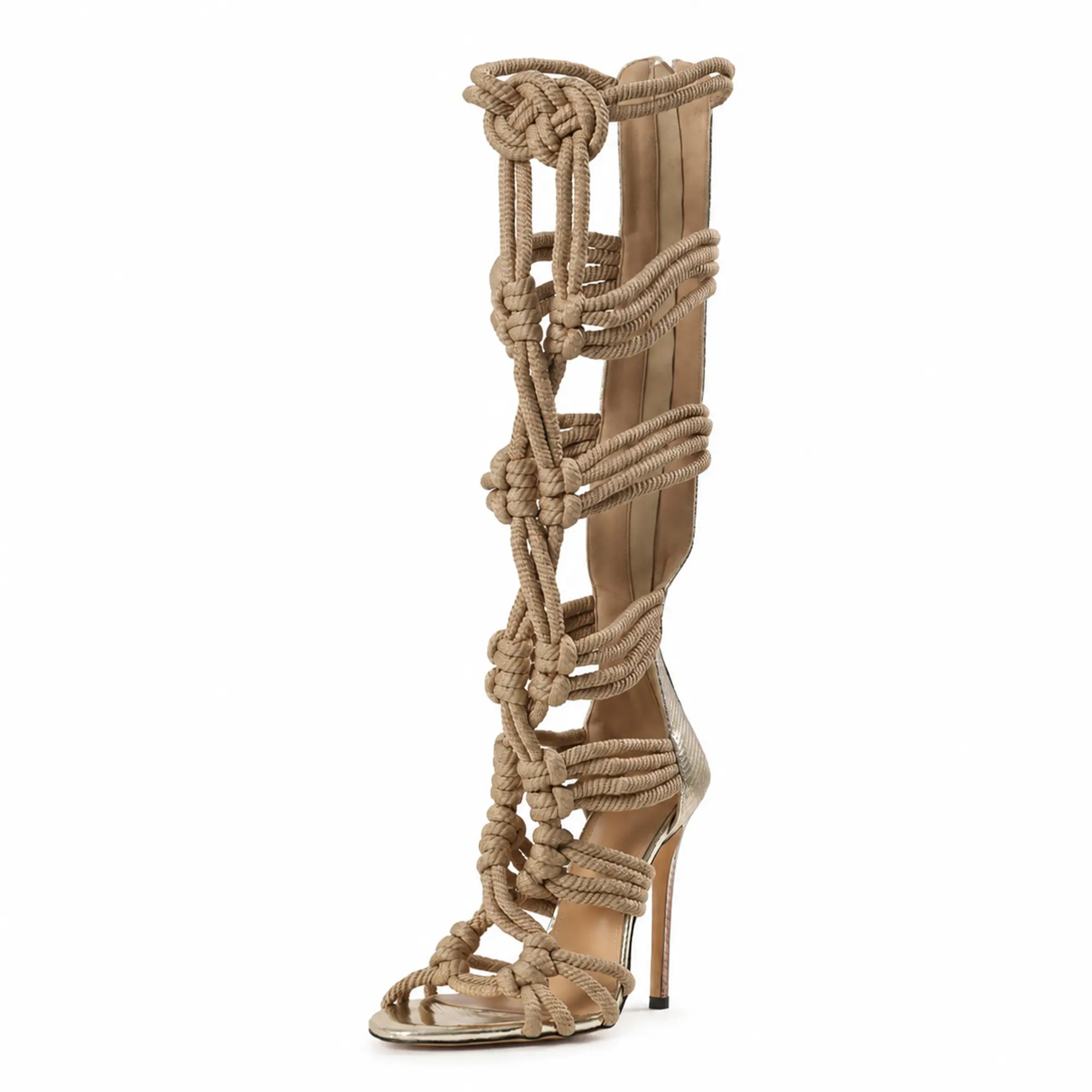 Women's Custom Boho Style Fashionable High Heels - Metallic Snake Print Open Toe Knee-High Gladiator Stiletto Sandals with Braid Strap, Slim Thin Heel, Back Zipper, Comfort Insole for Club Weddings, Boho Style Sandals, Fashionable Sandals
