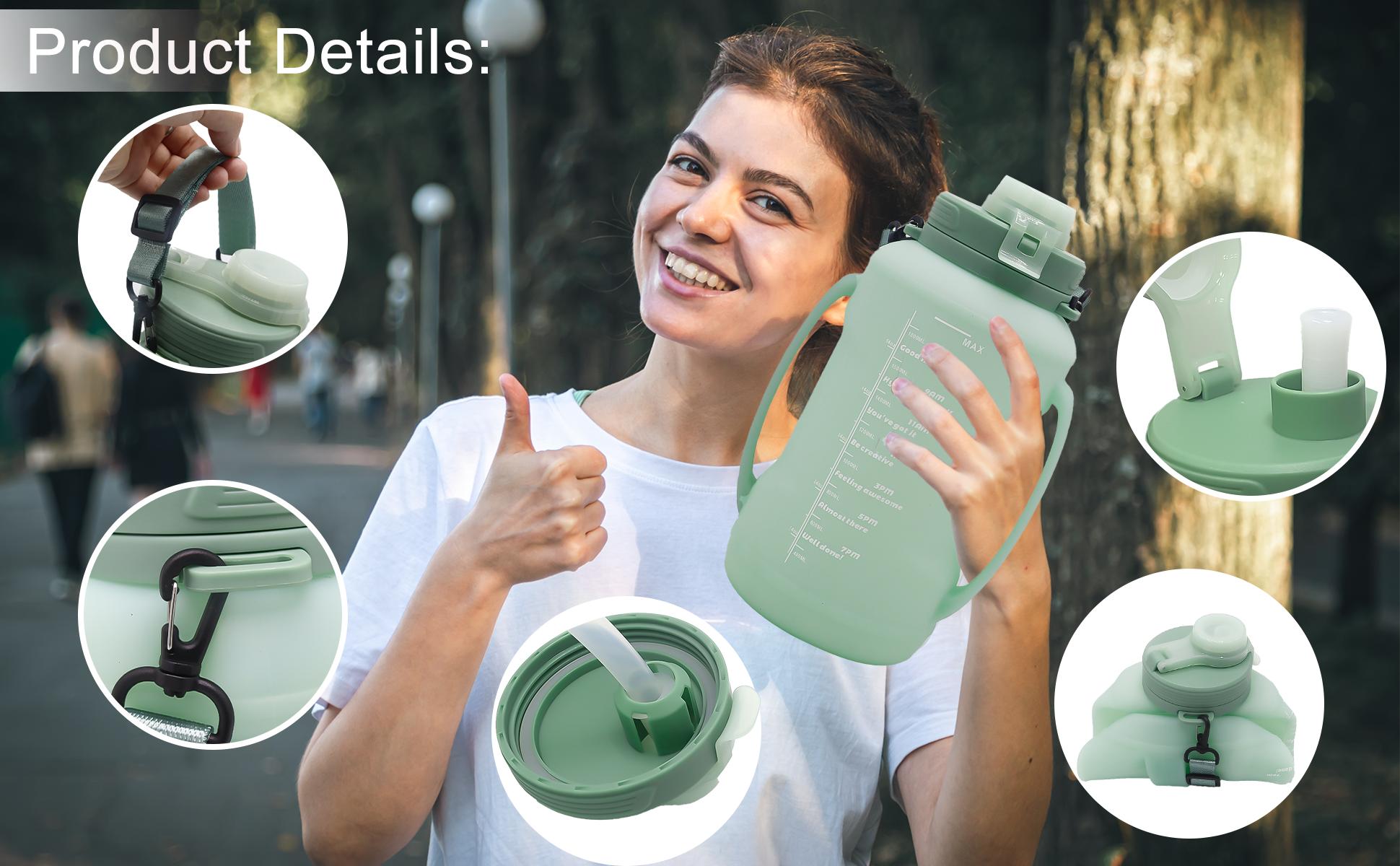 64oz Collapsible Water Bottle with Time Marker, BPA Free Silicone Foldable Water Jug with Handle & Straw, Leakproof Large Capacity Portable Water Bottle for Gym, Hiking, Travel, Sports