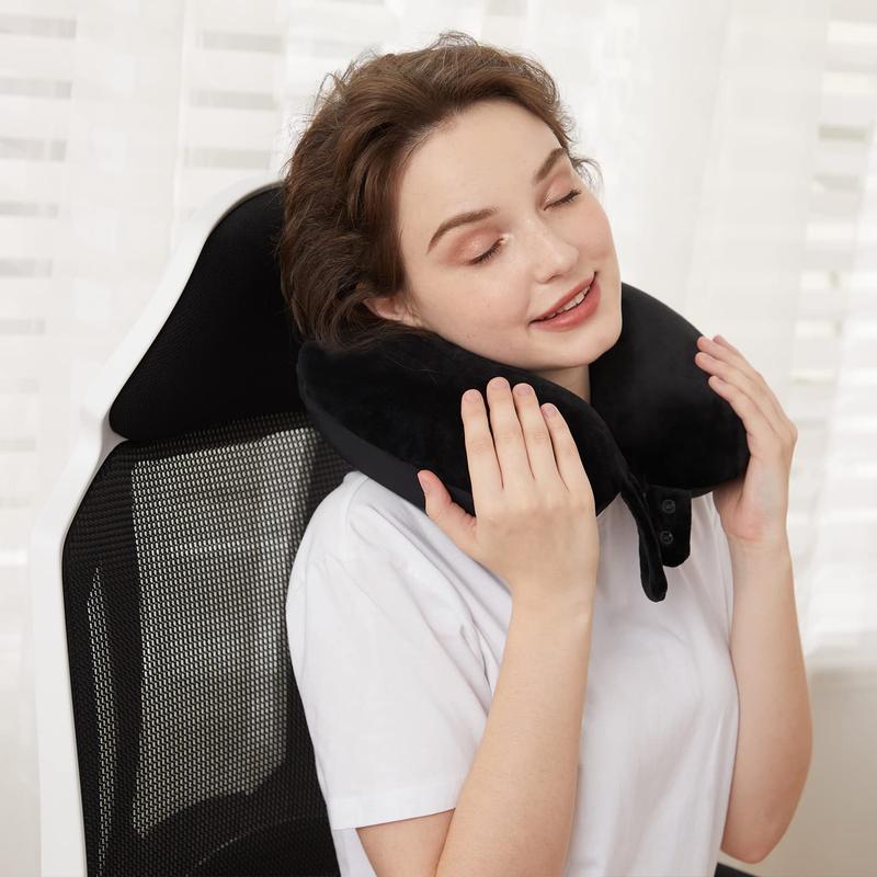 Travel Neck Pillow for Head Support - Best Memory Foam Airplane Pillow for Plane, Car & Home Recliner Use (Black)