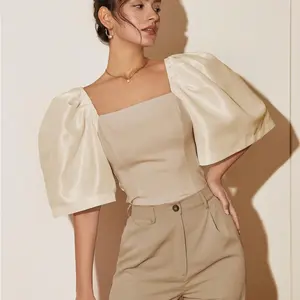 Women's Summer&Spring Square Neck Puff Sleeve Tops,Modern Filipiniana Design,Elegant and Casual,in any occasion