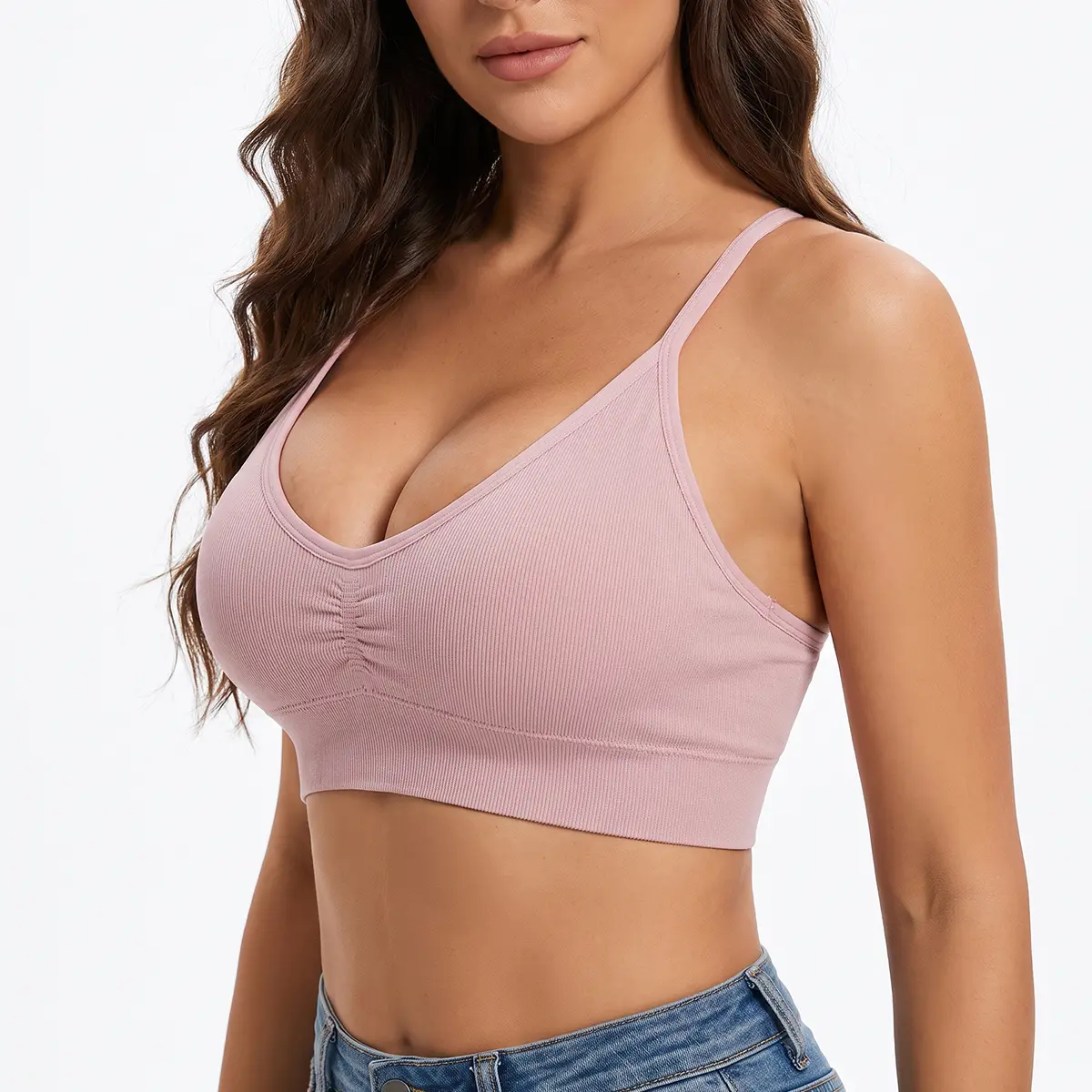 Women's Soft Ribbed V-Neck Seamless Padded Cami Bralette - Stretch Comfort, Lounge Yoga Everyday Underwear, S-XL