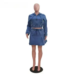 two-piece set woman Denim Women Set Street Long Sleeve Hooded Jacket and A-line Ball Gown Skirt Suits Two 2 Piece Jeans Set Summer Tracksuit Casual Womenswear