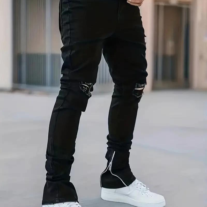 Men's black fashion jeans, ripped and ripped stretch denim trousers, comfortable and casual street jeans  Personalized Menswear
