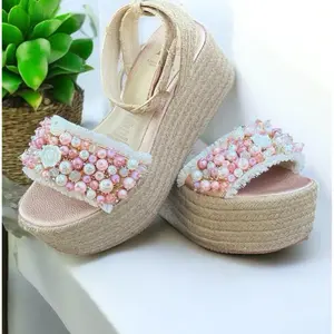 Alma Edelias Floral Charm Wedge Sandals #370 Jute Platform Pearl Bead 3D Flower Handmade in Colombia Women's Summer Footwear - Decor
