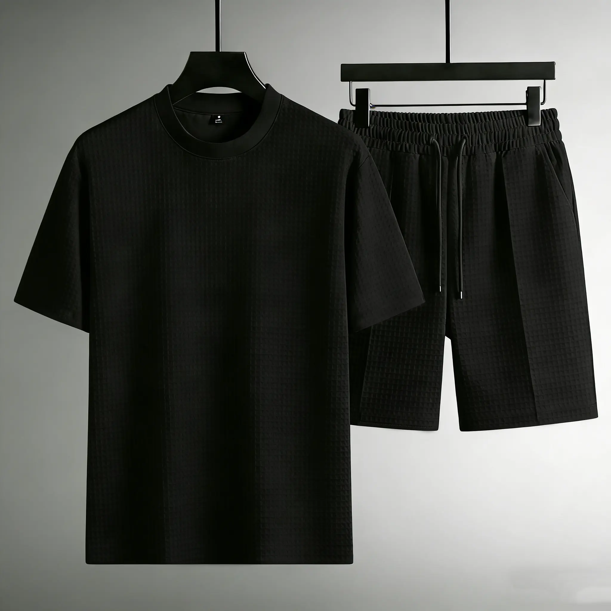 Men's 2 Piece Waffle Knit Tracksuit | Short Sleeve T-Shirt & Drawstring Shorts Set With Pocket Crewneck Casual