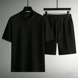 Men's 2 Piece Waffle Knit Tracksuit | Short Sleeve T-Shirt & Drawstring Shorts Set With Pocket Crewneck Casual