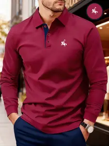 Men's Solid Color Long Sleeve Polo Shirt, High-End Fashion Fabric, Casual Sports Leisure Wear, All Seasons, Geometric Pattern