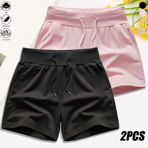 Set of 2 women’s shorts with pockets and a drawstring design—simple and stylish, suitable for workouts, gym, running, and yoga. Summer vibe