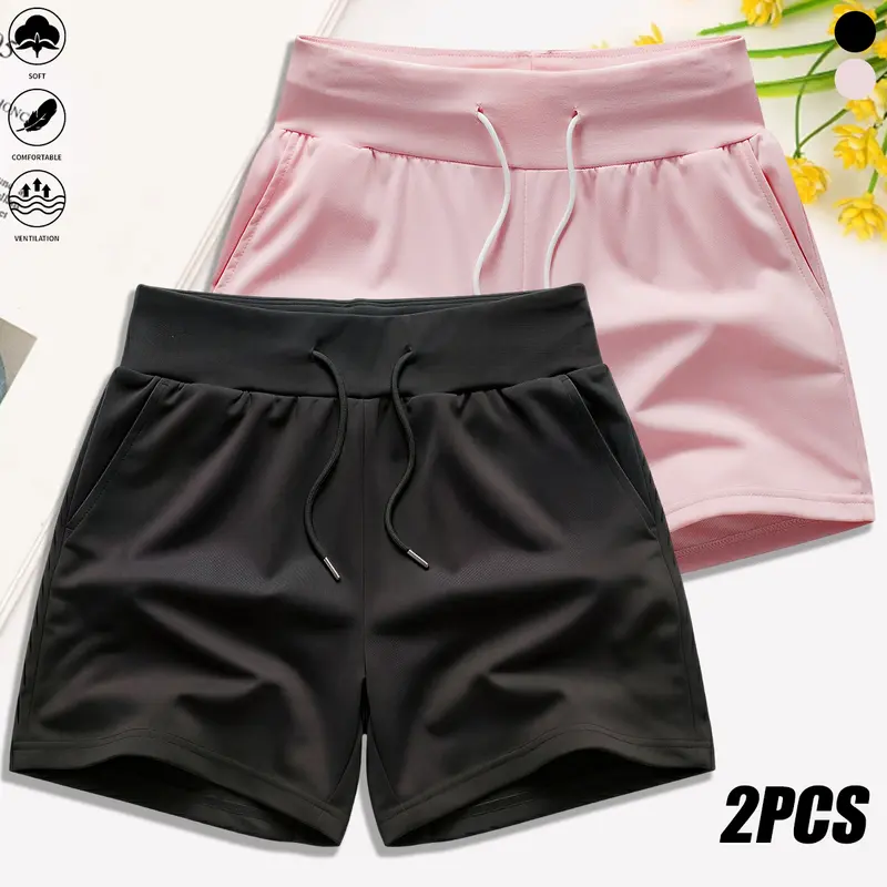 Set of 2 women’s shorts with pockets and a drawstring design—simple and stylish, suitable for workouts, gym, running, and yoga. Summer vibe