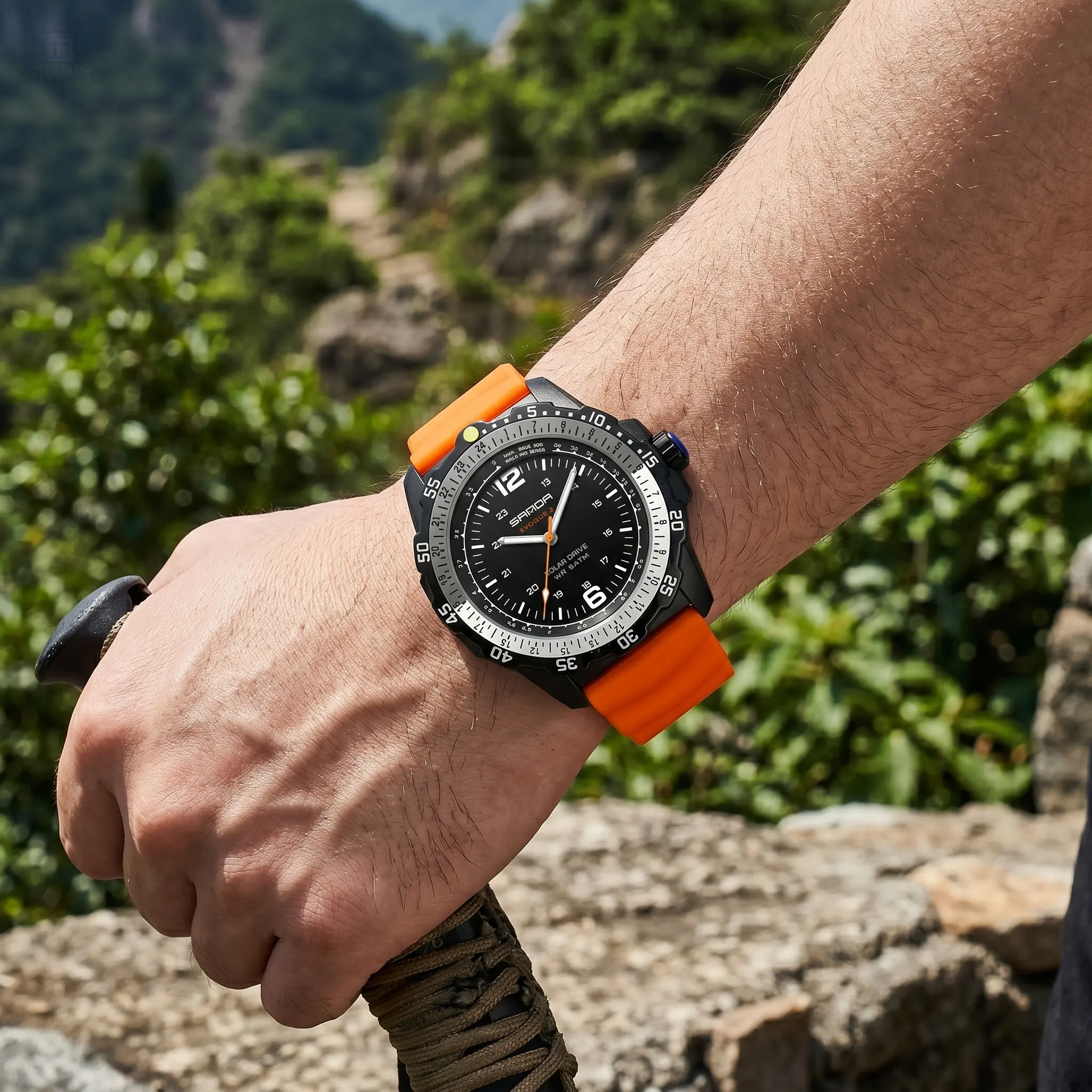 Men's Solar Powered Sports Watch | 5ATM Waterproof Tactical Wristwatch | Luminous Dial & Orange Silicone Strap