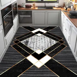 Crystal Velvet Gold Geometric Pattern Large Kitchen Rug, Kitchen Floor Mat, Non-Slip Waterproof Durable Structure, Easy to Clean, Ideal for Large Spaces, Kitchen Area Rug, Durable Area Rugs