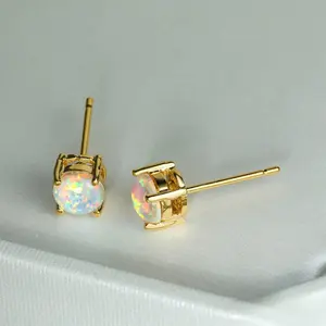 Minimalist Stud Earrings Opal Studs Hypoallergenic White Fire Round Opals Womens Stainless Steel Earring