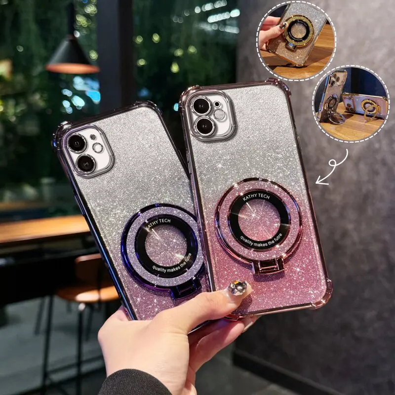 Suitable for [iPhone 11] high-end phone case🥰,Electroplated Luxury Sparkly Glitter Phone Case with Ring Stand Holder 4-Corner Shockproof Camera Protective Cover 952