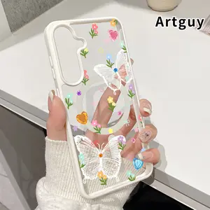 Magnetic Soft Case compatible with Samsung Galaxy S23 Ultra S24 Plus FE S25 S22+ Classic bow Pattern Anti-Yellowing Shockproof ultra-thin Silicone Crystal Transparent Acrylic Cover Supports Wireless Charging