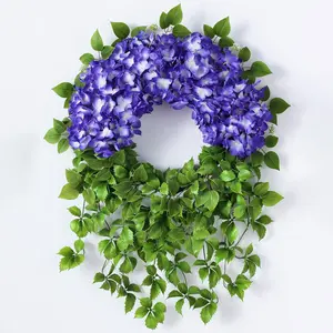 Artificial Hydrangea Wreath for Front Door Outside - Fake Hydrangea Real Touch Ivy, Spring Summer Greenery Flowers Wreath, for Home Mantel Window Farmhouse Decor (23", Purple)