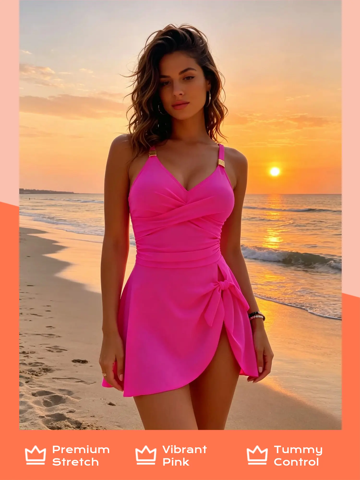 Women's Pink 1-Piece Swimsuit - V-Neck Cross Wrap, Side Bow, Gold Accent Straps, Stretch, Ruched Waist Tummy Control Modest Swimwear for Beach Vacation 2026 Athleisure Wear