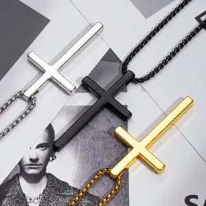 Cross Necklace for Men Silver Black Gold Stainless Steel Pendant 5cm Cuban Link Chain Waterproof No Color Loss Titanium Jewelry