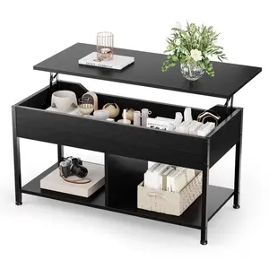 Lift Top Coffee Table with Storage 39" Center Table with Hidden Compartment & 2 Shelves Farmhouse, Wood Coffee Table for Living Room with Sturdy Lift-Top Adjustable Feet，Black