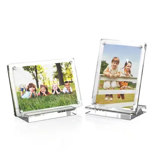 2 Packs 2.4x3.5 Acrylic Picture Frame, Small Clear Magnetic Photo Frame with Base, Double Sided Frameless Display for Desktop & Refrigerator, Safe Smooth Edge Instax Mini Film Frame