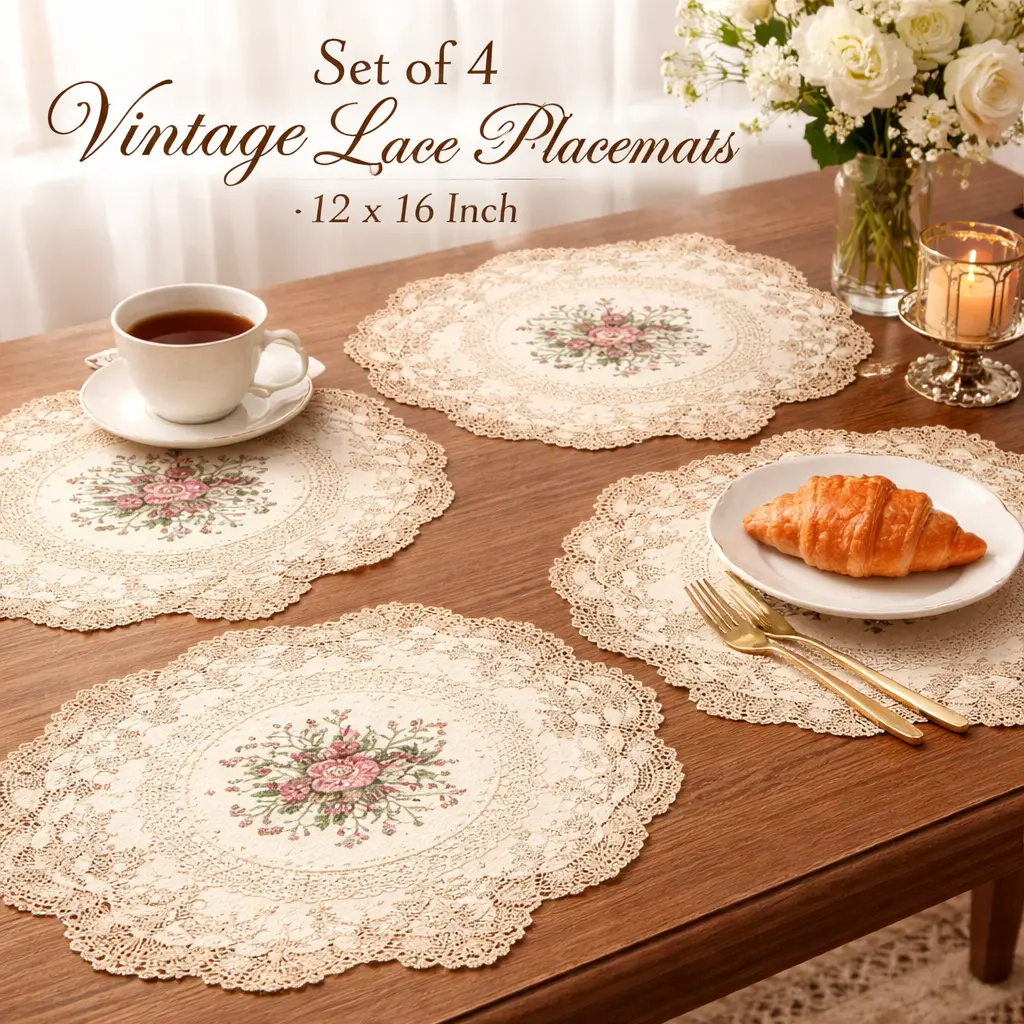 4Pcs 12x16 inch Beige Vintage Lace Tableware Placemats - Handmade Crochet Flowers Office School Stationery Accessory for Party Birthday Dining Table, Dry Clean Gently, Easy To Care For