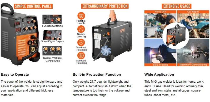 VEVOR MIG Welder, 130-270A Flux Core Welder, 3 in 1 Combo MMA/MIG/LIFT TIG Welder Machine, Portable MIG-130 Welding Machine IGBT Inverter, Automatic Wire Feeding Welder for Stainless Steel