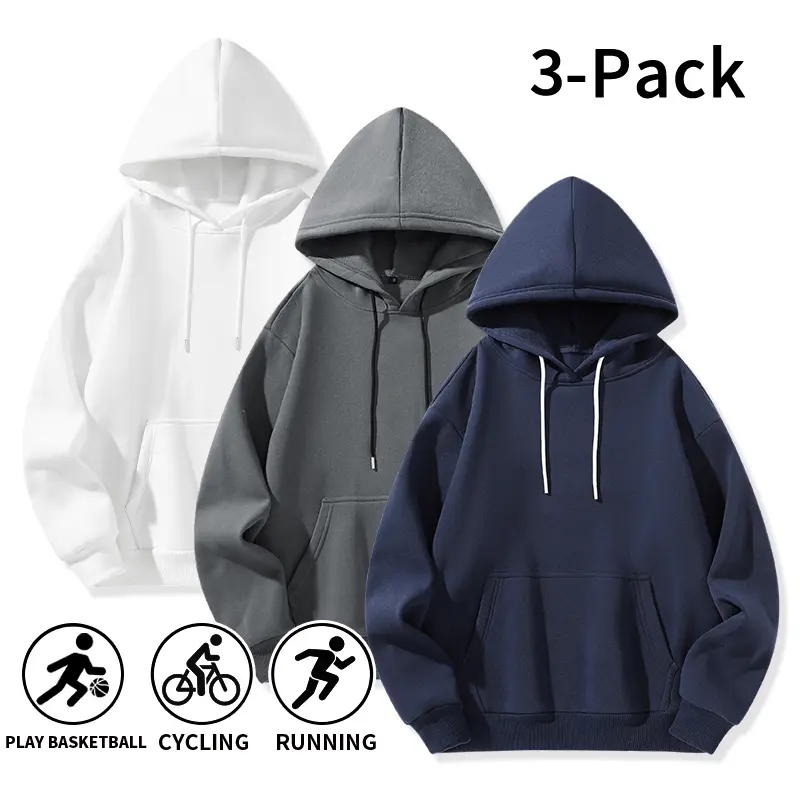 3-Pack Basic Solid Color Oversized Hoodies, Heavyweight Fleece Drop Shoulder Casual Pullover Hooded Sweatshirts, Breathable & Warm Long-Sleeve Athletic Tops, Versatile Basic Styles for Daily Wear, Fitness and Commuting; Available in single and multi-pack