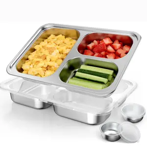 Stainless Steel Divided Plate for Kids Toddler, Non Toxic Portion Control Plate Dinner Plate with Lid for Adults Weight Loss, 2 Pack 3 Sections Rectangular Snack Plate Tray