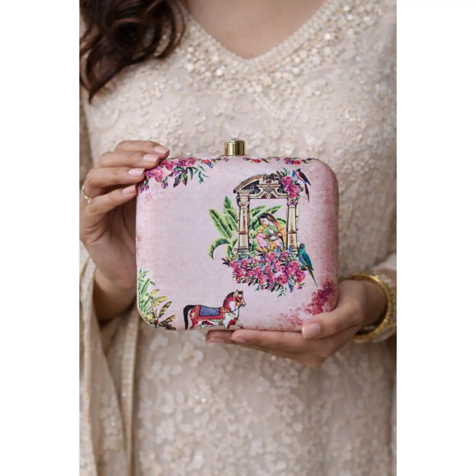 Vintage Indian Art Clutch for Women, Matt Satin Evening Bag with Floral, Bird & Architectural Print, Includes Sling Chain, Flowers, Animal, Elegant Women's Clutches & Wristlets, Classic Women's Clutches & Wristlets