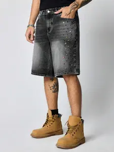 ROMWE MEN Street Life Men's Colorful Diamond Loose Denim Shorts