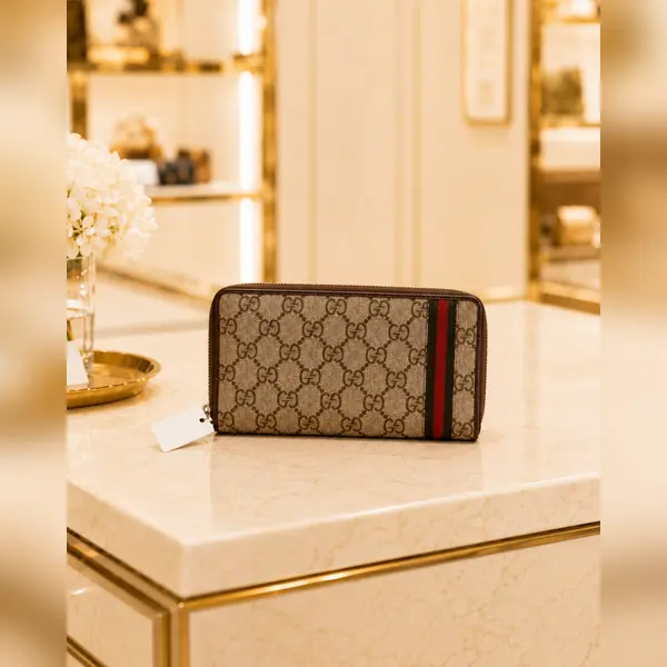 Pre-owned GUCCI fance Clutches & Wristlets GG Supreme Web Stripe Zip Around Wallet Beige Brown LA23146703