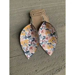 Mustard Yellow Floral Print Leather Earrings