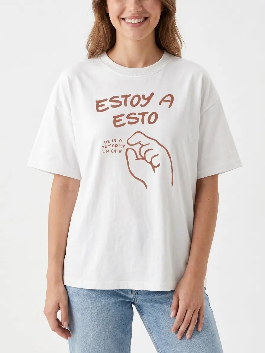 Women's "Estoy a Esto" Spanish Quote Graphic Cotton T-Shirt - Casual Short-Sleeve Round Neck Top, Coffee-Lover Vibe Summer Clothes, Soft, Breathable, Comfortable, Fade Resistant, Flattering Fit, Stylish Everyday Wear