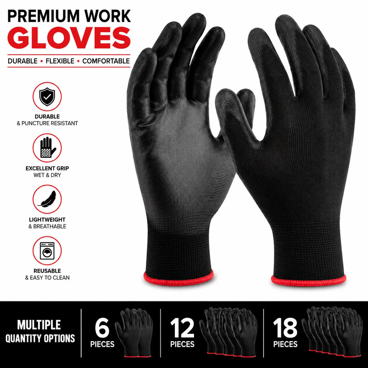 6/12/18Pcs Black PU Coated Work Gloves Anti-Slip Gardening Mechanic Repair