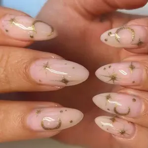 24pcs Medium Almond Acrylic Nails Set, Glossy Finish, Star Moon Design, Easy Wear, Perfect for Women & Girls, Daily Use & Parties