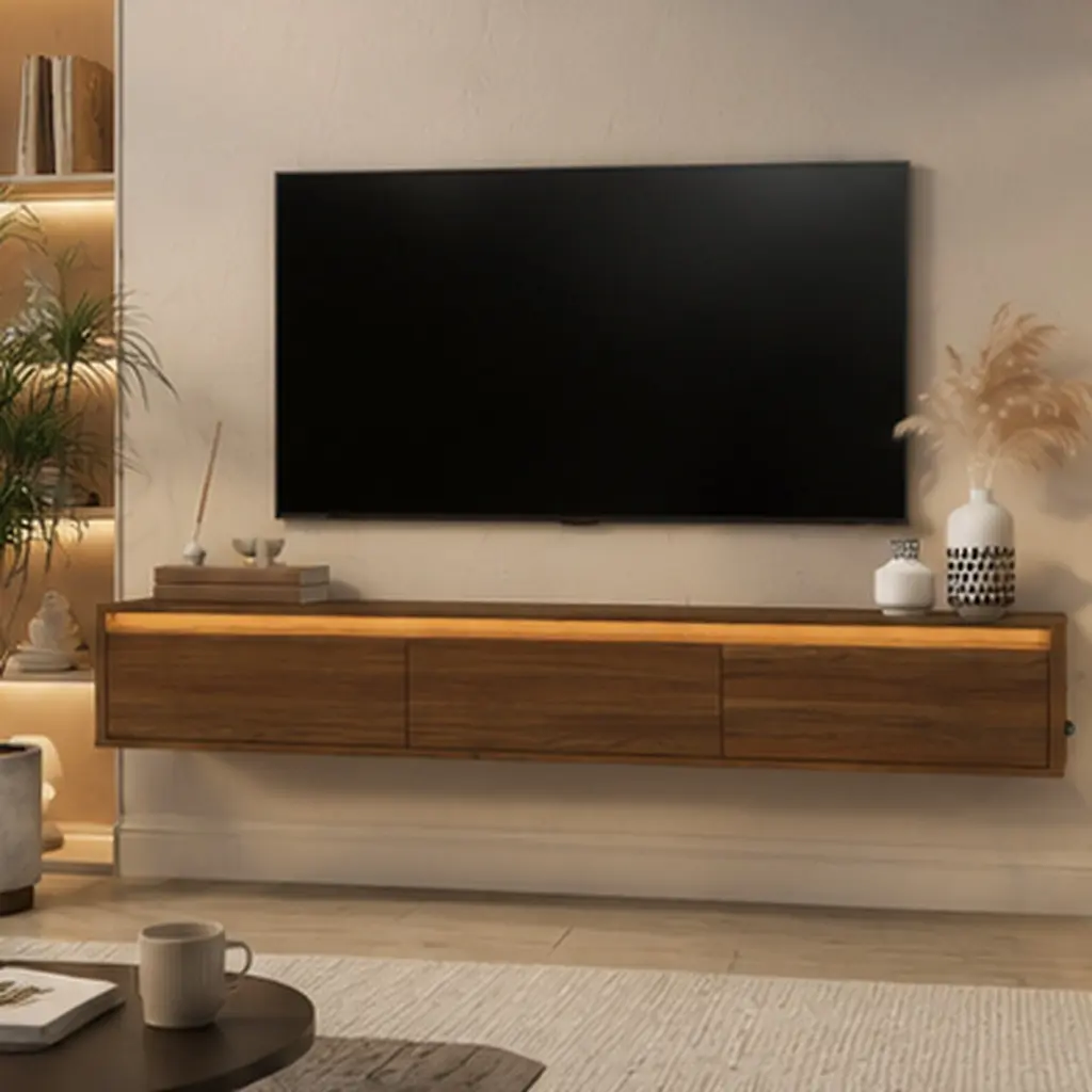 Floating TV Stand Wall Mounted with LED Lights & Power Outlet, High Gloss MDF Brown TV Shelf for Living Room, 68.9W x 11.8D x 9.84H in, Touch Sensitive Light Strip, USB Ports, Open Storage Shelves, Brown Color Options, MDF Material