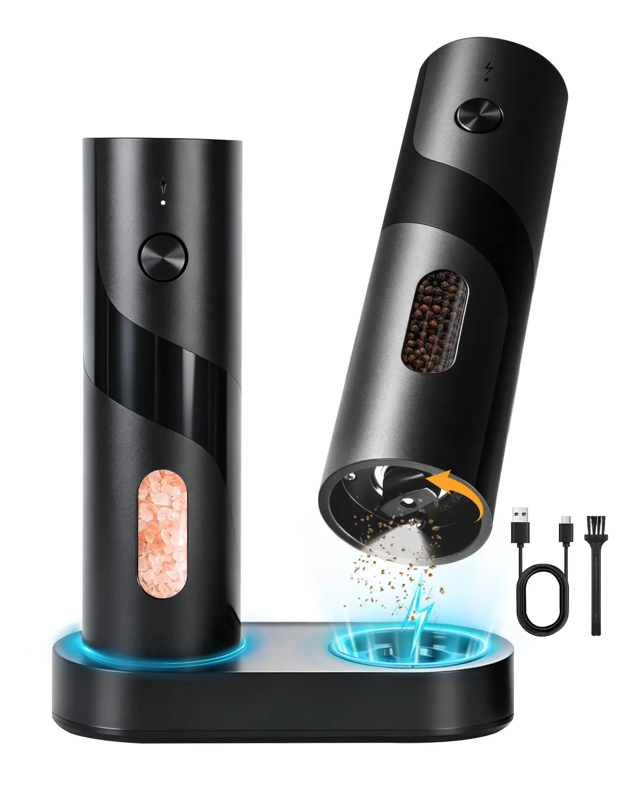 Electric Rechargeable Salt and Pepper Grinder Set,110ml Large Capacity,USB-C with Charging Base,LED Light,Automatic Pepper Mills with Adjustable Coarseness