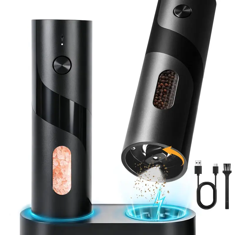 MAONAME Electric Rechargeable Salt and Pepper Grinder Set,110ml Large Capacity,USB-C with Charging Base,LED Light,Automatic Pepper Mills with Adjustable Coarseness