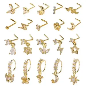 [20Pcs Stainless Steel Dangle Rings] 20Pcs 20G Dangle Nose Ring L Shaped Dangling Nose Stud For Women Stainless Steel CZ Flower Dangle Hoops Diamond Cutz Grillz Heart Design ChainGift（gift）