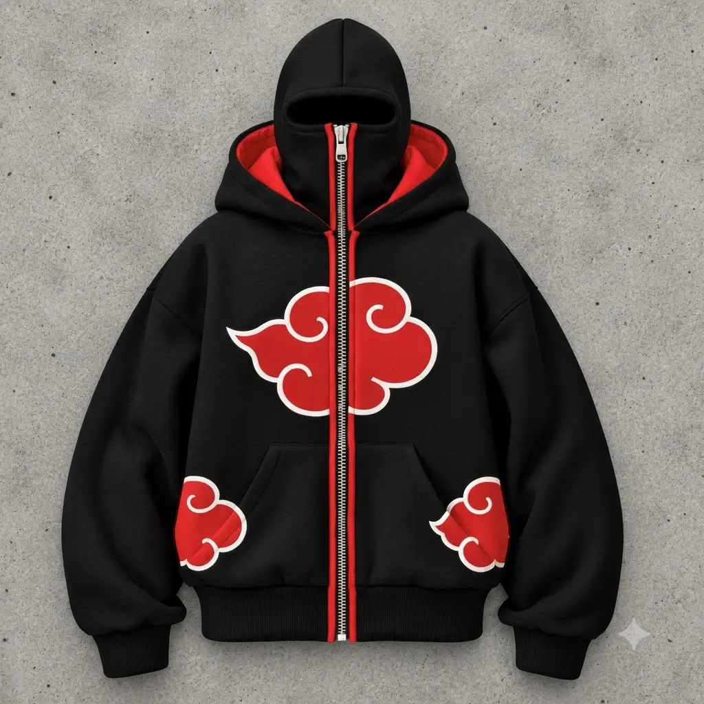 Unisex Red Cloud Full Face Zip Hoodie & Trouser  Men Masked Ninja Style Heavyweight Oversized Fleece Zip Up Jacket, Red Cloud Full Zip Hoodie Balaclava Face Mask Jacket Oversized