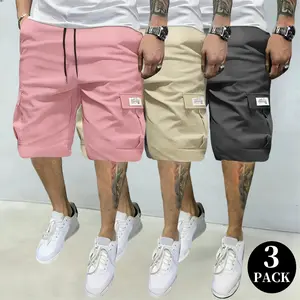 Men’s minimalist solid-color cargo shorts, 3-pack, knee-length, loose drape, straight cut — summer outdoor wear