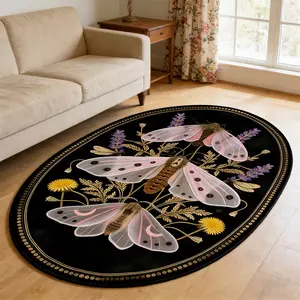 Spring Oval Carpet, Butterfly Moth Plant Floral Design, Vintage Bohemian Style, Soft Velvet Rug, Comfortable Home Decor, Holiday Gift