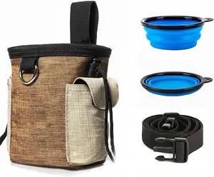Large Dog Treat Pouch with Adjustable Waist Belt, with Collapsible Travel Bowl,Waterproof Oxford Training Bag & Poop Bags, 3.6 Cup Capacity, Multi-Use Snack Storage,Durable Pet Treat Bag for Walking Hiking(Brown and Blue)