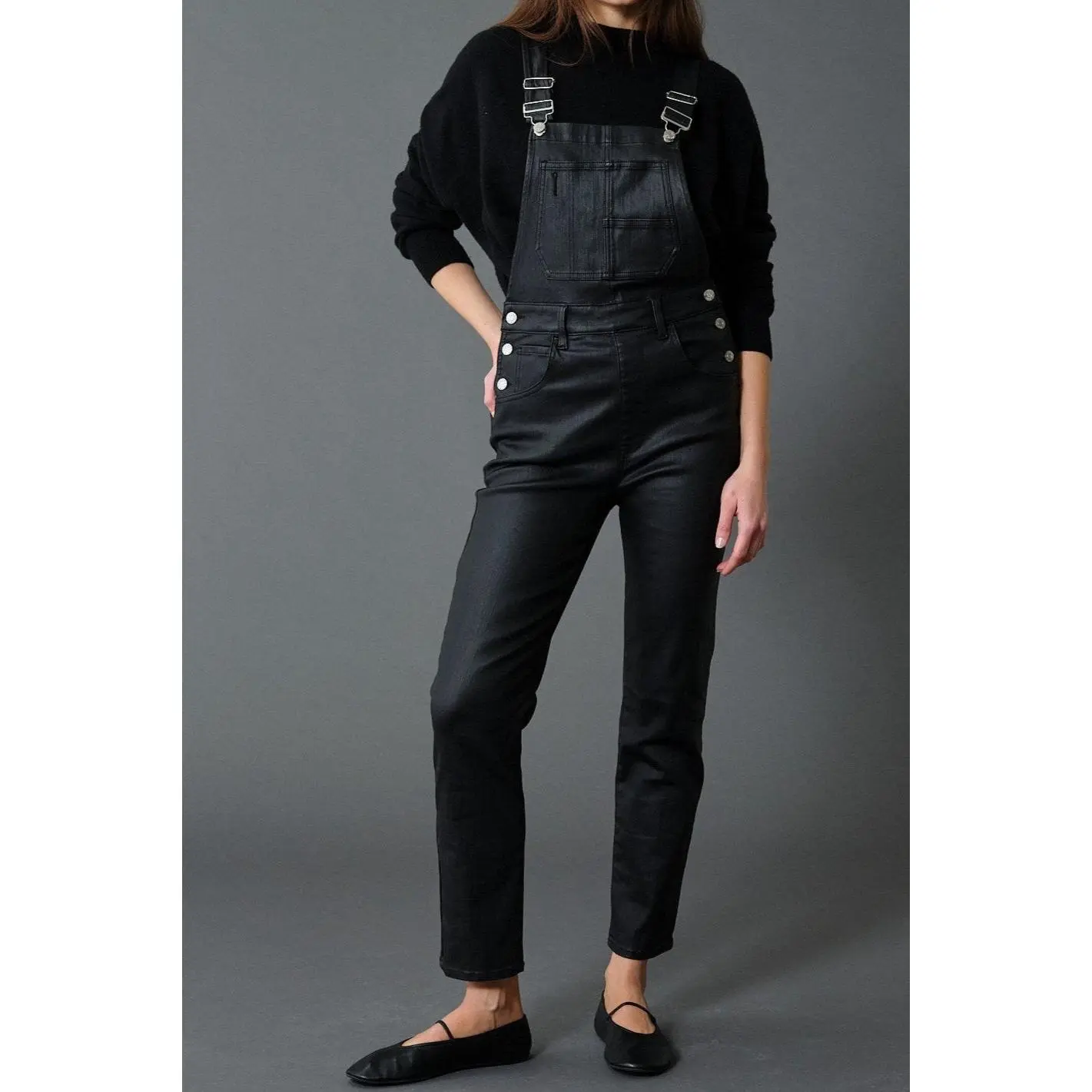 Broadway Slim Cropped Overalls- Coated Asphalt