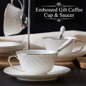 Vintage European Style 7.4oz Gold Rim Porcelain Coffee&Tea Cup and Saucer Set with Spoon & Luxury Gift Box - Instagram-Worthy Eye-Catching White Ceramic Cappuccino Espresso Cup Kit. Perfect for Daily Use and Afternoon Tea. Fast US Local Warehouse Shipping