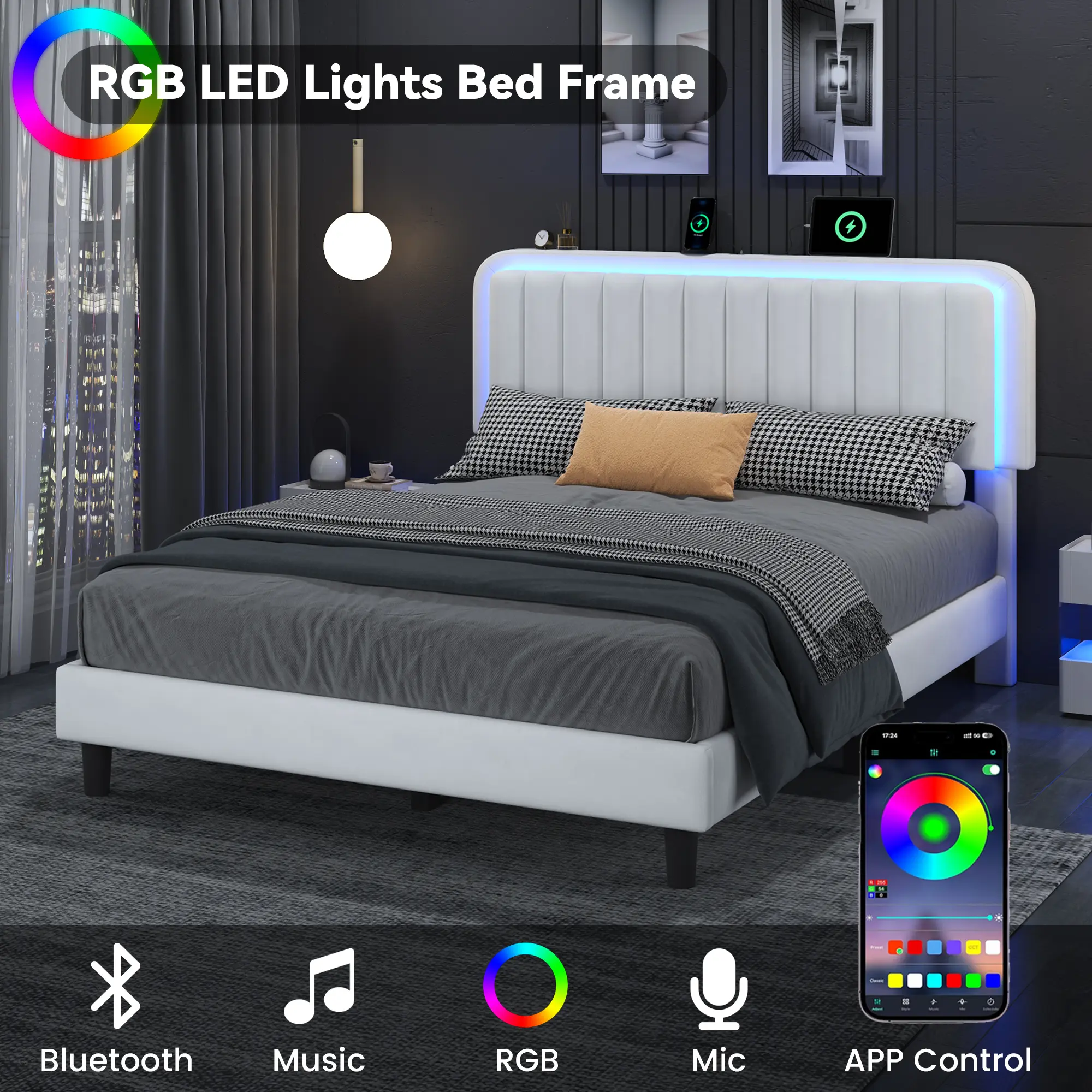 Upholstered Platform Bed Frame - Queen Size, No Box Spring Needed, LED Lighting, USB Port Headboard with Outlets, App & Remote Controlled Adjustable Headboard, Silent Platform, Christmas & New Year Bedroom Furniture Gift