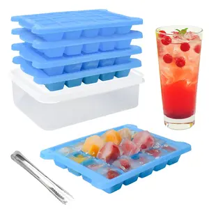 Ice cube tray with lid and binEasy ReleaseStacking Ice trays for Freezer. Square ice cube moldSmall Ice Cube Trays for Freezerand Ice cube tray with lid and bin for Chilling DrinksCoffe（blue）