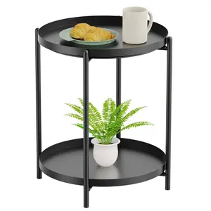 Yesker 2-Layer Black Metal Small Side Table - Indoor/Outdoor End Table, Bedside Accent, Sofa Snack Holder for Living Room Use, Table Living Room
