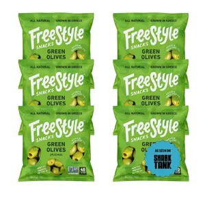 Freestyle Snacks Olive Snack Packs 6 Pack Single Serve Pitted Green Olives from Greece All Natural Non GMO Sugar Free Salty Snack 1.1oz Each