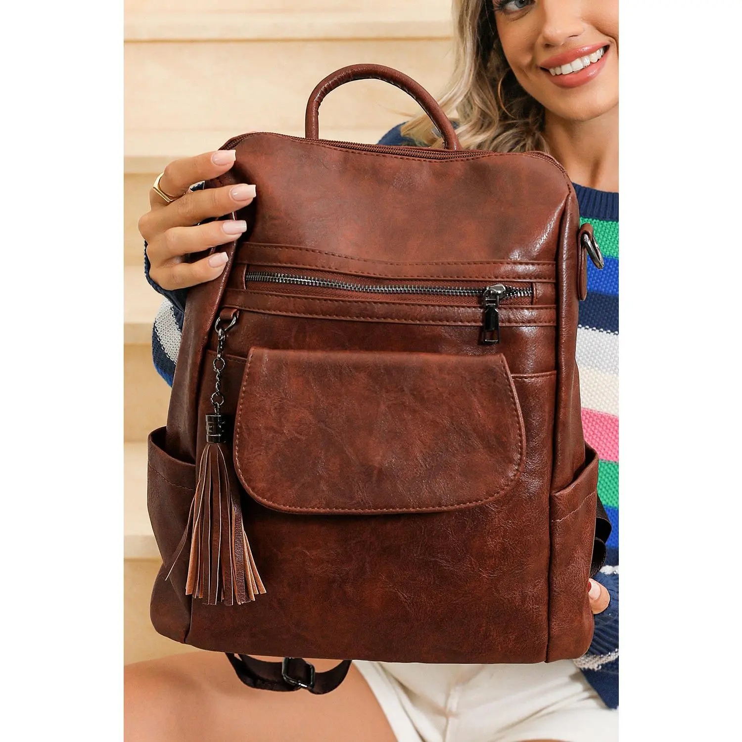 Dark Brown Tassel Decor Retro Backpack - Large Capacity, Timeless Classic Style, PU Material, Bohemian Chic Fashionable Design